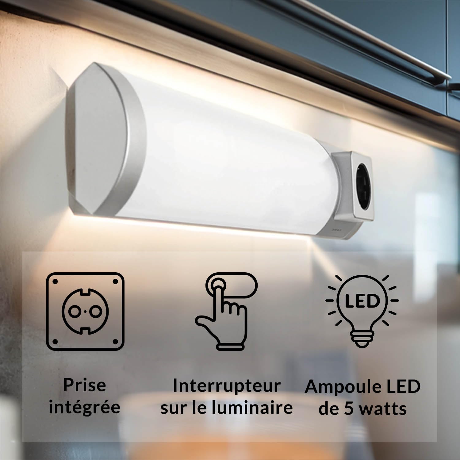 Luminaire d'agencement cuisine led, blanc, 45 cm, Applique murale avec interrupteur pour cuisine et salle de bains, Lampe pour miroir avec prise et interrupteur, Éclairage LED à faible éblouissement