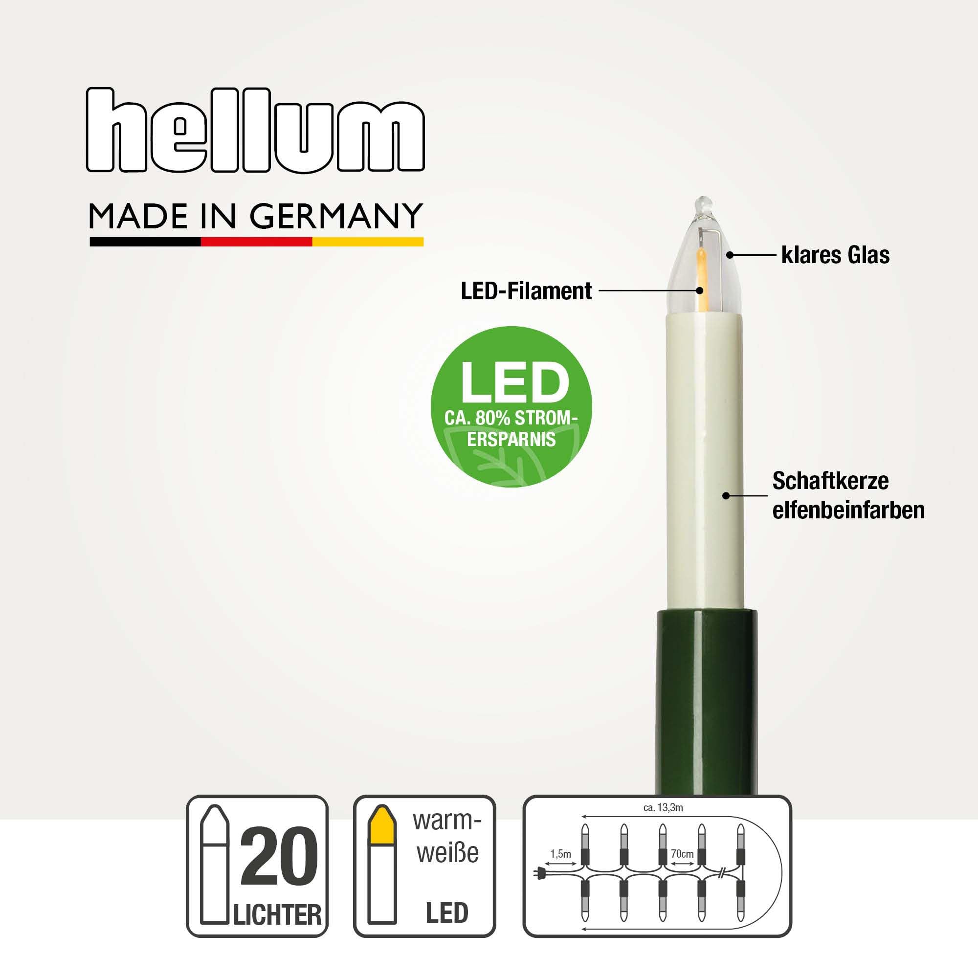 hellum Lichterkette Weihnachtsbaum LED-Filament, Made in Germany, Lichterkette mit Clip, 20 Lichter, beleuchtete Länge 13,30 m, Kabel grün, warmweiß, für Innen, teilbarer Stecker <59lm 802061 | Made in Germany warmweiß, Lichterkette Weihnachten mit Clip,