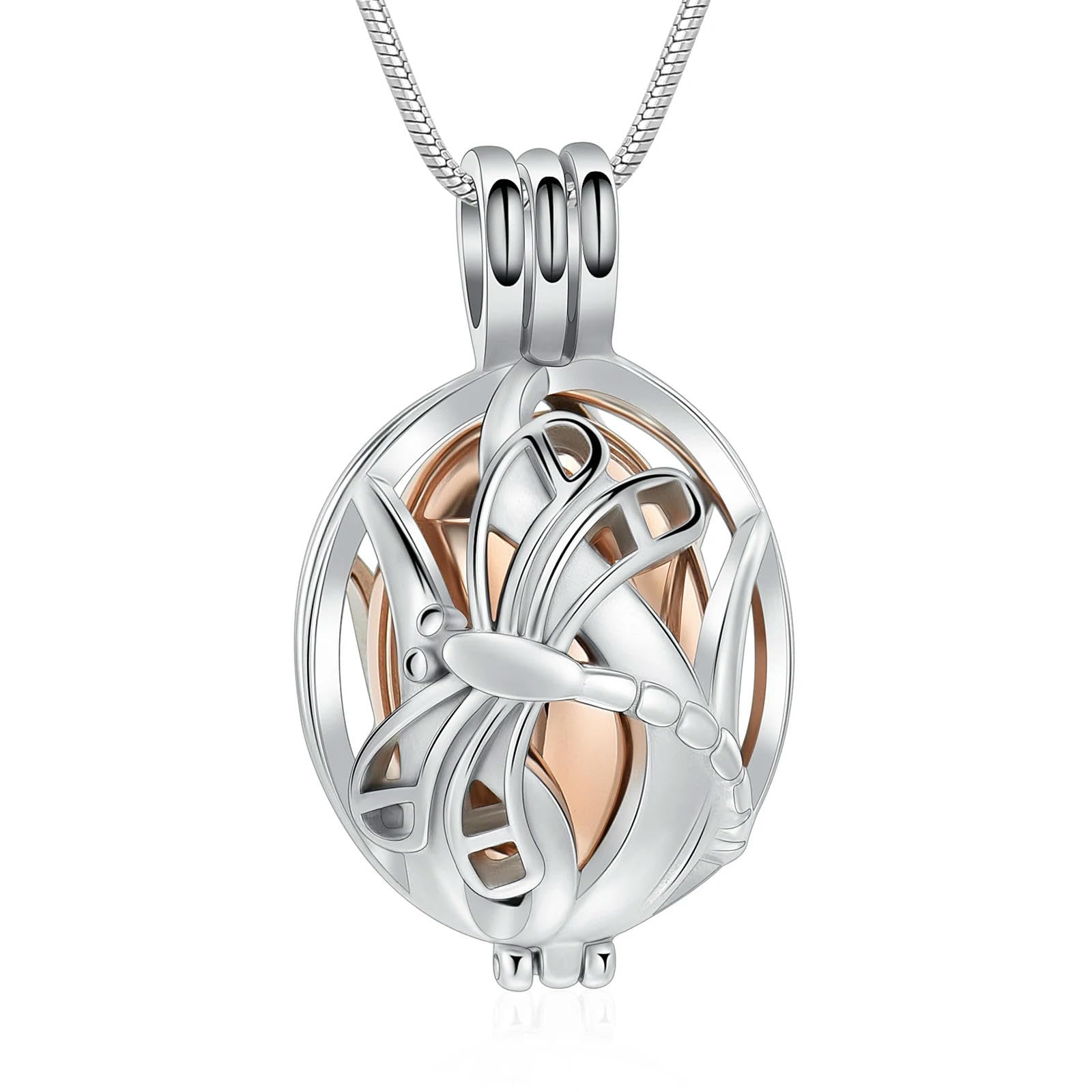 Collier urne Libellule pour cendres : bijou commémoratif or rose pour le deuil d'un être cher