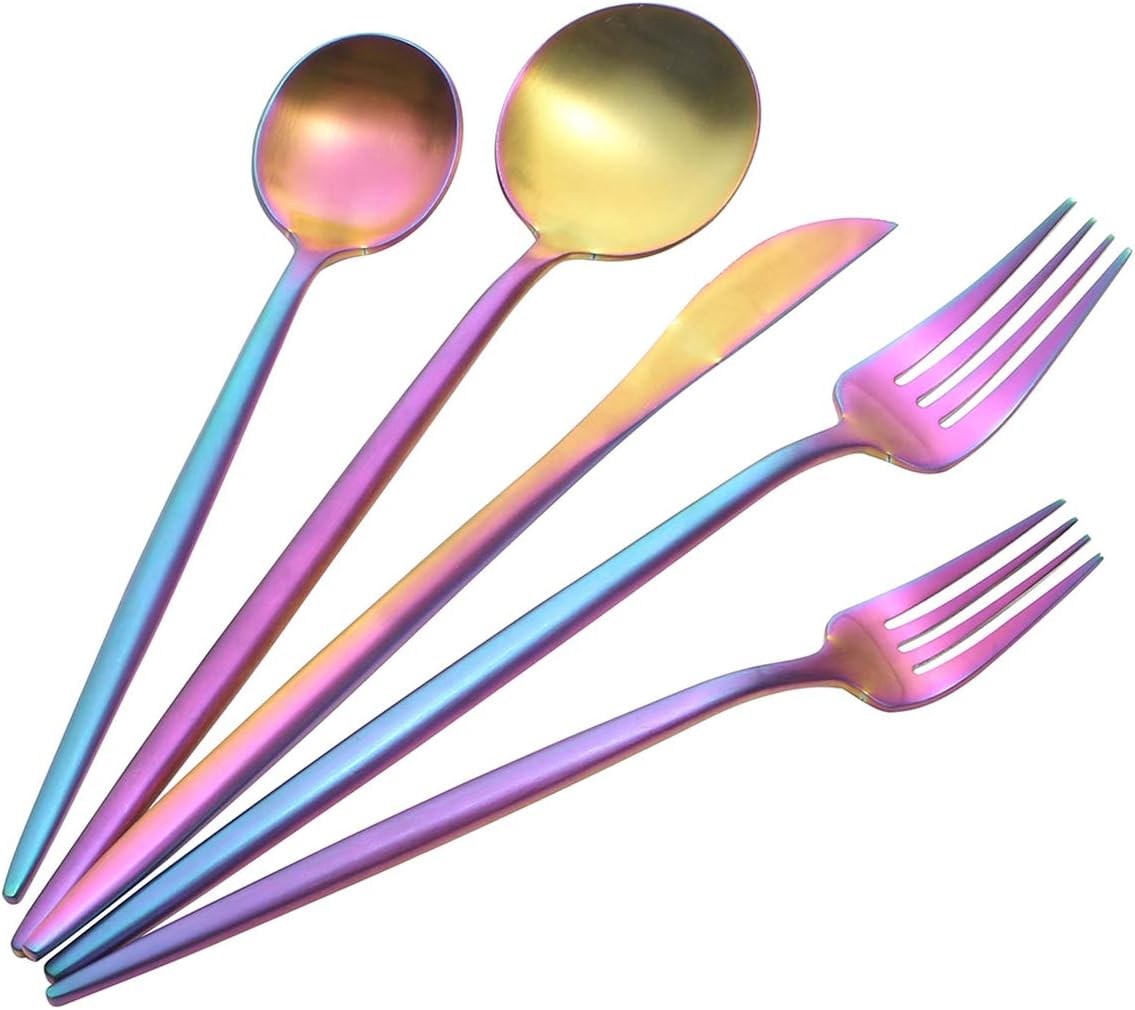 Modern Silverware Flatware Set, MEJAJU 5 Pieces 18/10 Stainless Steel Cutlery Set, for Eating Home Kitchen Hotel Restaurant, Matte Utensils Service for 1, Rainbow, Dishwasher Safe