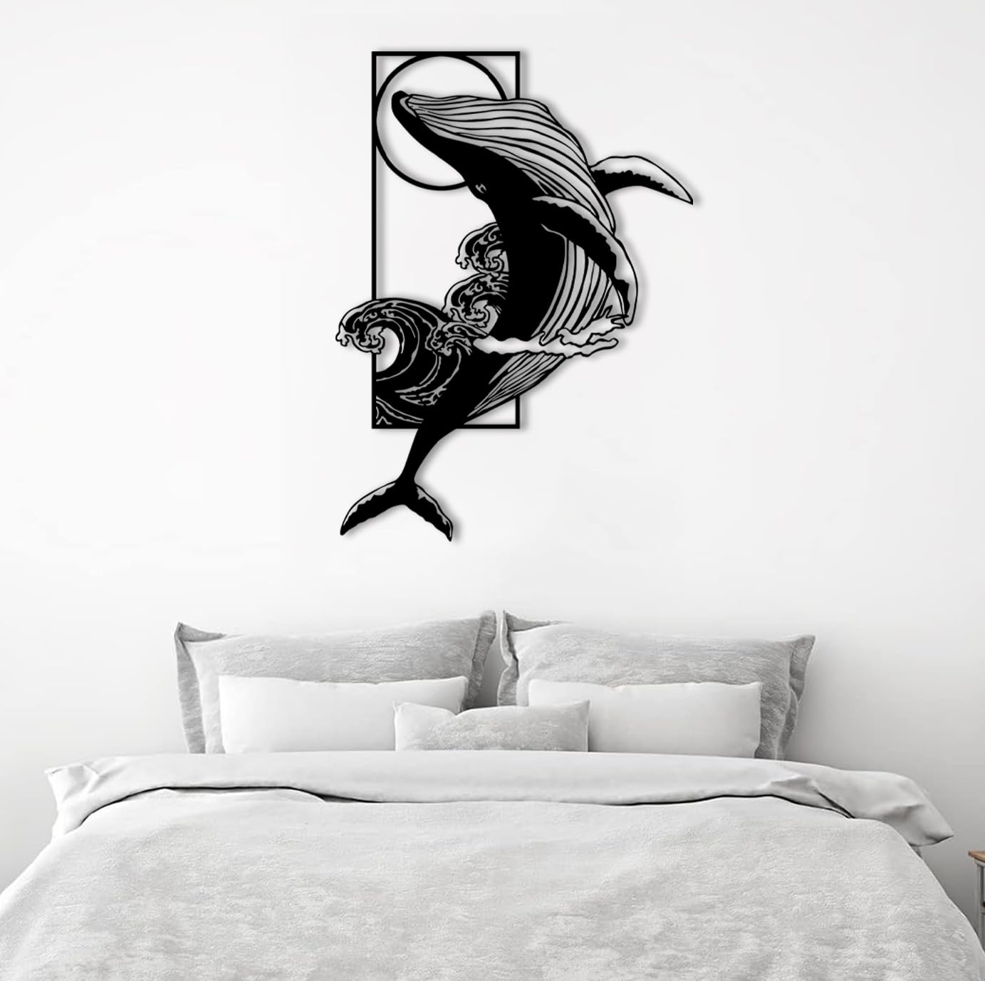Nowoczesna minimalistyczna dekoracja ścienna z metalu - niebieski wieloryb, sztuka oceaniczna, rzeźba do salonu, sypialni, łazienki (czarny, 90 x 66 cm)