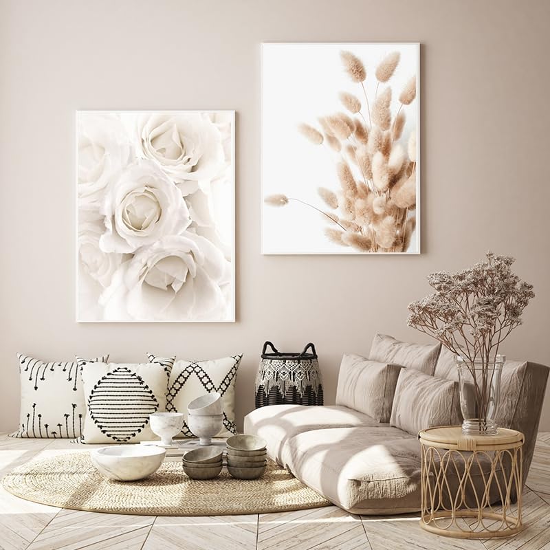Impression murale bohème : triptyque d'art moderne beige et floral
