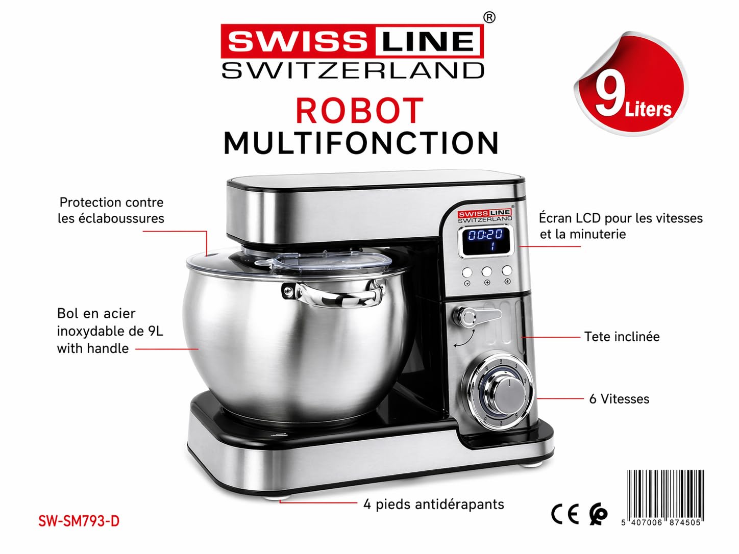 Batidora Amasadora Multifunción 9L con Bol de Acero Inoxidable, 6 Velocidades, Cabezal Inclinable y Protección Antisalpicaduras, Robot de Cocina Profesional 2800w