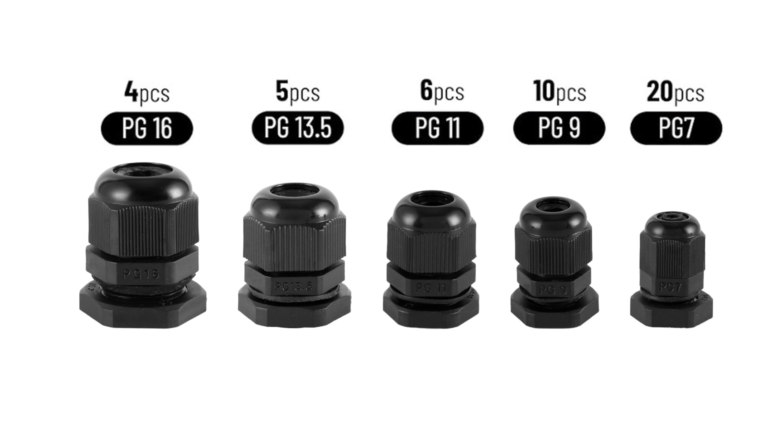 CLFCZYCXD-Cable Gland Kit,45 Pack Waterproof Adjustable 3-14mm Nylon Cable Glands Joints With Gaskets,Black (PG7,PG9,P11,PG13.5,PG16)
