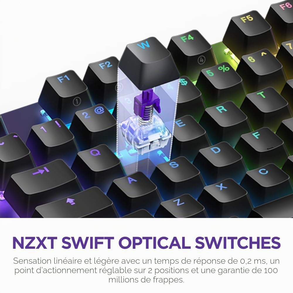 NZXT Function 2-2024 Clavier de Jeu Optique Pleine Grandeur, RVB éclairé, taux d'interrogation 8K, commutateurs optiques linéaires, actionnement réglable, remplaçable à Chaud, Noir DE (QWERTZ)