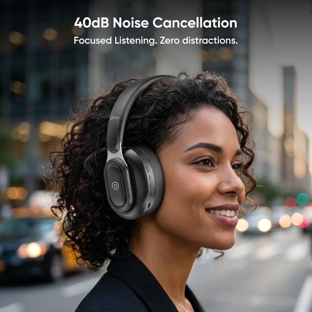 pTron Studio Urban V2, 40dB ANC Wireless Over-Ear Headphones, 65Hrs Playtime, Dual-device Pairing, 40mm Bass Drivers, TruTalk AI-ENC Calls, Custom EQ, 3.5mm Aux, Bluetooth v6.0, Type C Charging (Onyx) — Amazon image 3