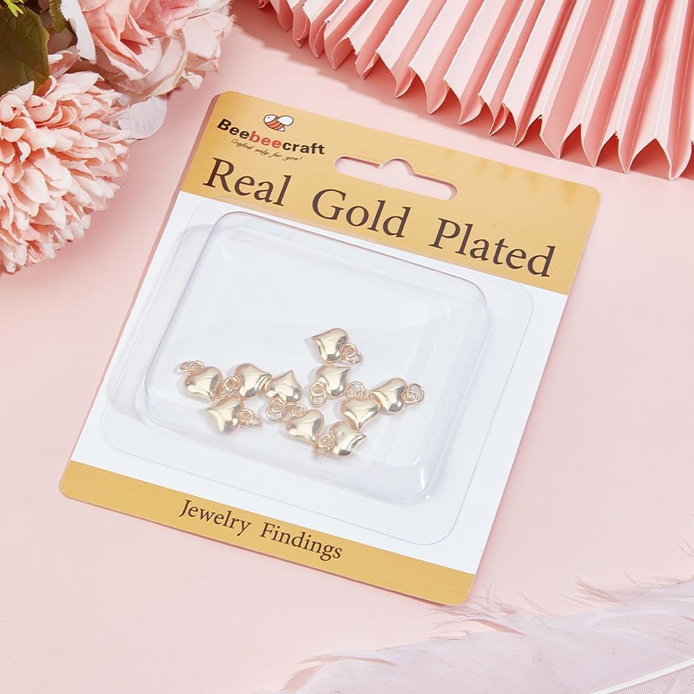 Beebeecraft 1 Box 10Pcs 3D Heart Charms 18K Gold Plated Brass Metal Puff Love Charms with Jump Ring for Jewelry Making DIY Crafts Earrings Necklaces Bracelets
