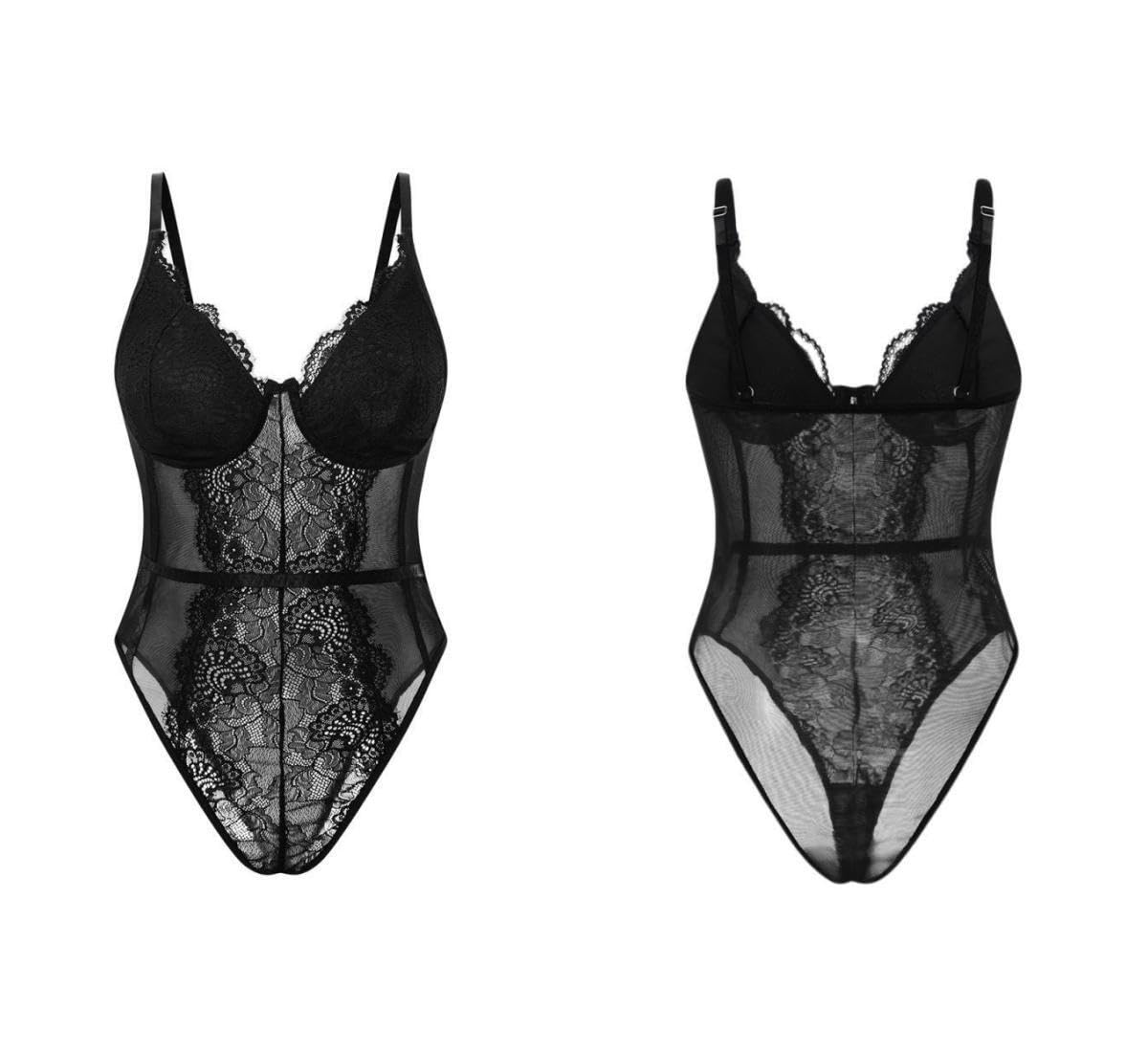 Body Femme Sexy Bodysuit en Maille Transparente Bodys en Dentelle Florale Bretelles Spaghetti Bodycon Combinaisons Jumpsuit Tops Dos Nu Élégant Lingerie Party Justaucorps Clubwear