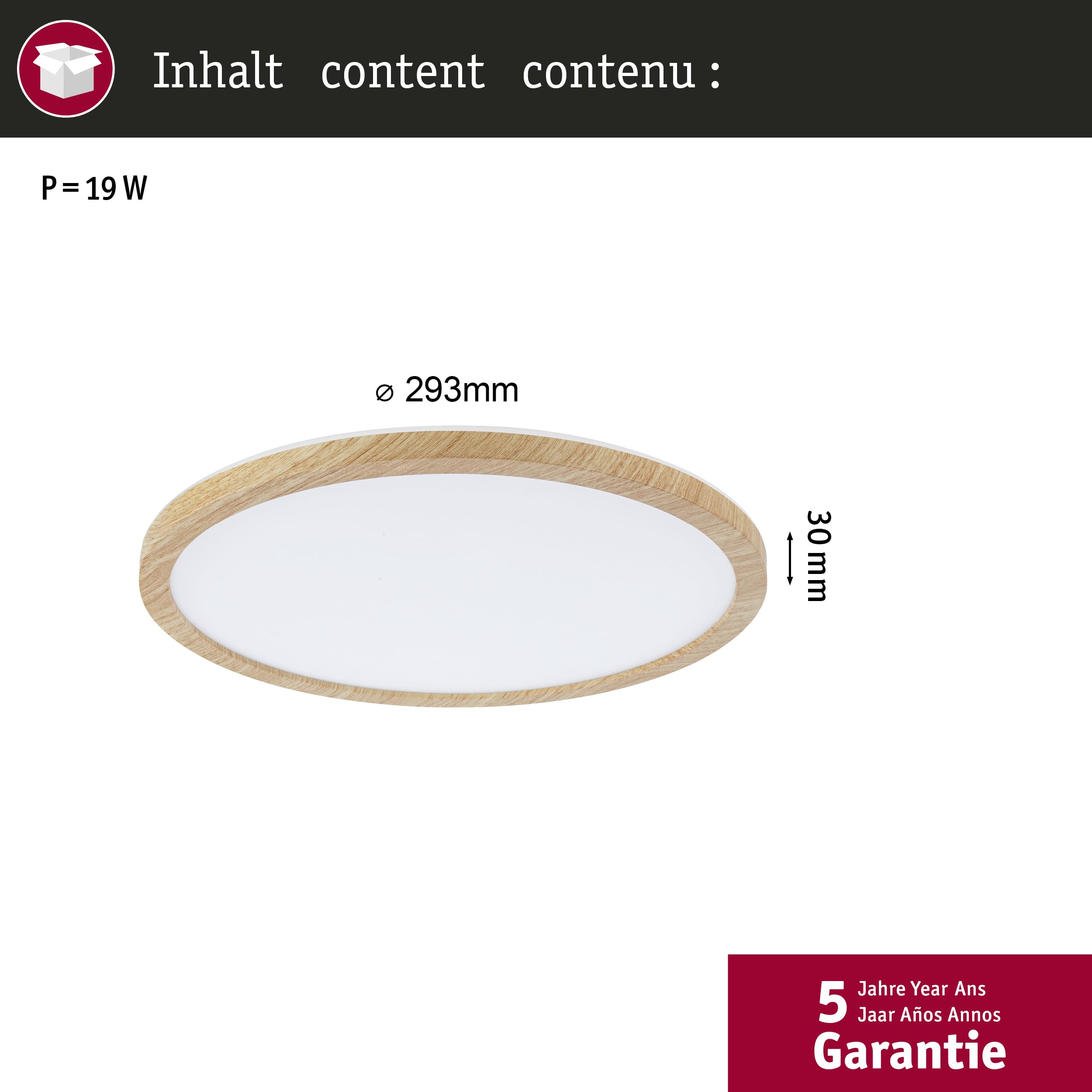 Paulmann 71028 Panel LED Atria Shine plafón con Backlight redondo IP44 16W 1600lm 293mm acabado madera plástico 3000K blanco cálido luminaria de baño