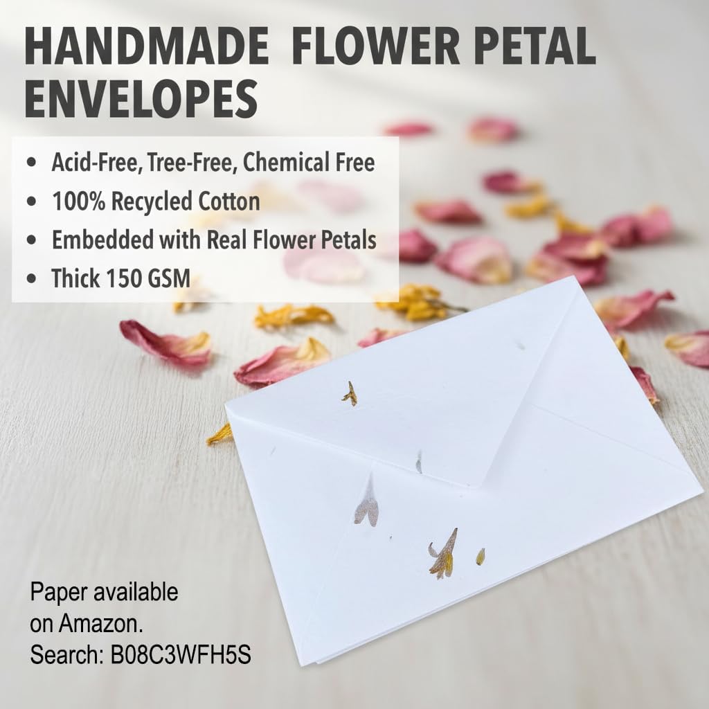 Wanderings Handmade White Envelopes with Real Flower Petals 5.25"x7.25" - Package of 25 Cold Press Envelopes for Announcements Wedding Invitations Greeting Cards Memorials - 150 GSM Thick Envelope - Image 2