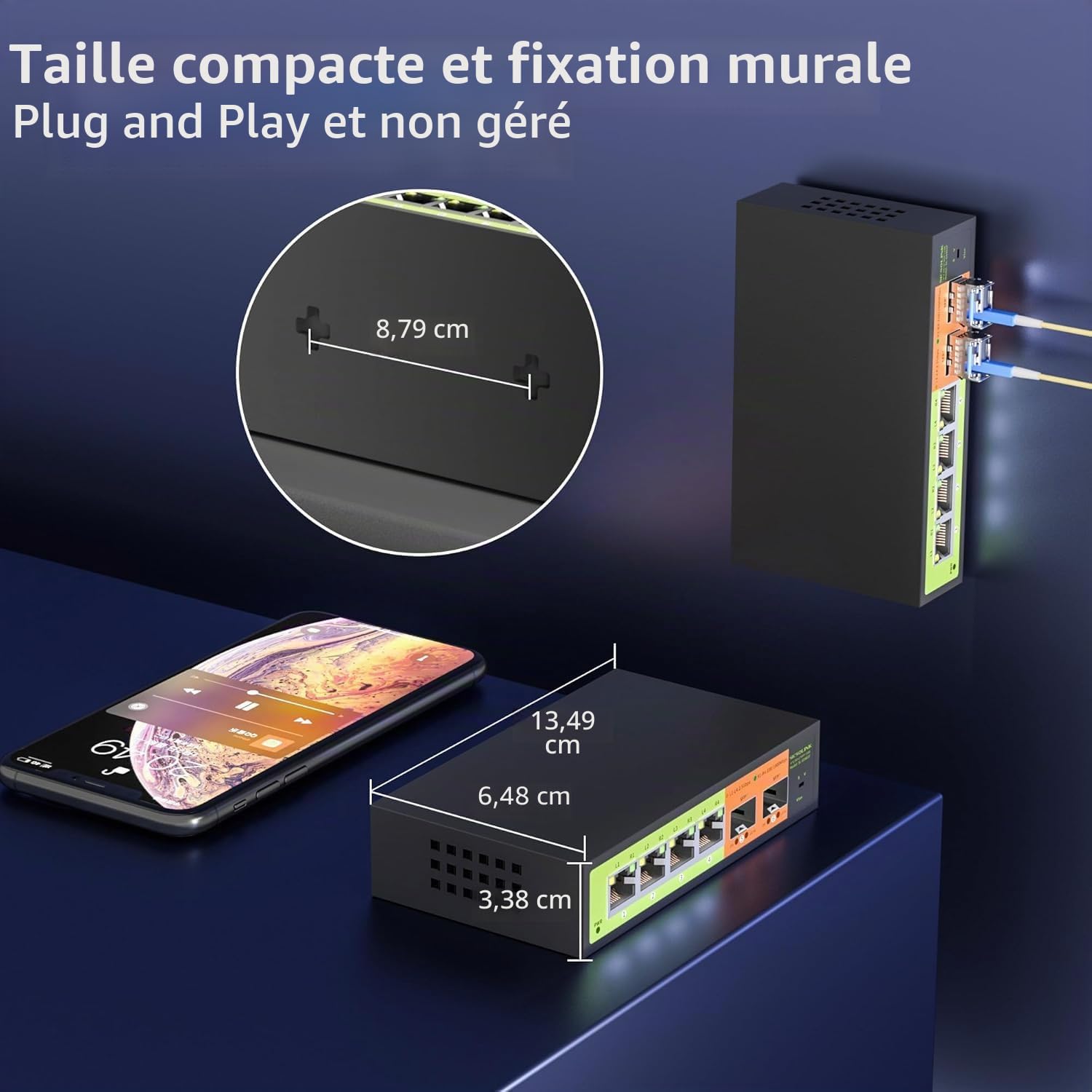 Commutateur Réseau 6 Ports 2.5Gb, 4X RJ45 2.5G, 2X SFP+ 10G, Multigigabit, Non Géré, Boîtier en Métal, Bande passante 60G, sans Ventilateur, Compatible avec NAS 2.5gbe, PC, AP