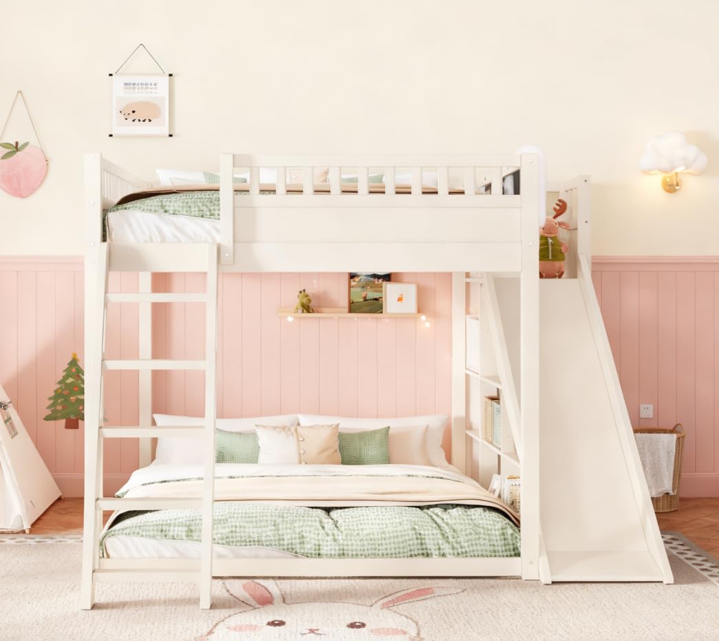 Photo 1 of Bellemave Bunk beds Queen Over Queen with Slide and Stair and upholstered Board, Low bunk/loft Bed for Kids?Beige