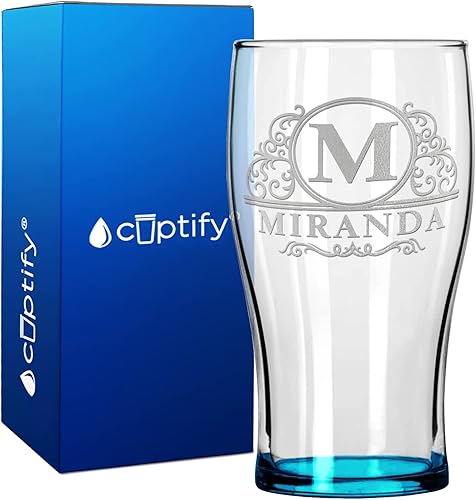 Vaso de pub personalizado elaborado con nombre de círculo de 20 onzas, parte inferior azul claro, vasos de cerveza grabados con texto personalizado,
