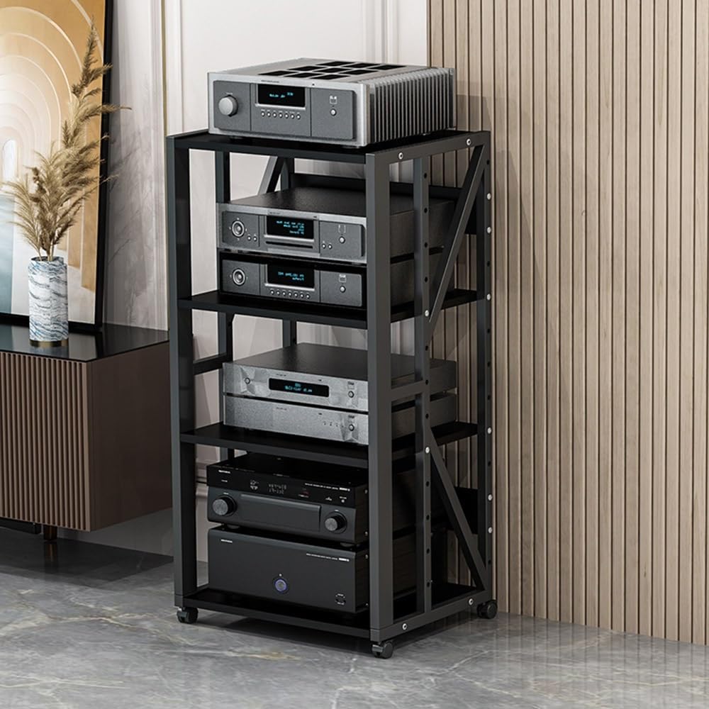 CWCQGH Adjustable 5 Tier Media Stand with Wheels Movable Audio Rack for Stereo & Height Adjustable Media Storage Cabinet Black Finish Perfect for Home Theater & Entertainment Ce,Black-4 Tier
