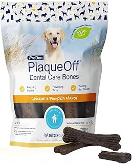 ProDen PlaqueOff Kauknochen für Zahnpflege Hund, Pack mit 13 Knochen, Dental Sticks Hund für mittelgroße und große Hunde, Kaustangen Hunde für Plaque und frischen Atem, Zahnsticks Huhn & Kürbis product image