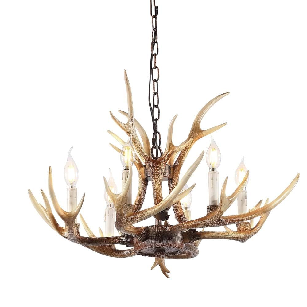 Lustre en bois de cerf à 6 lumières pour suspension rustique de salle à manger