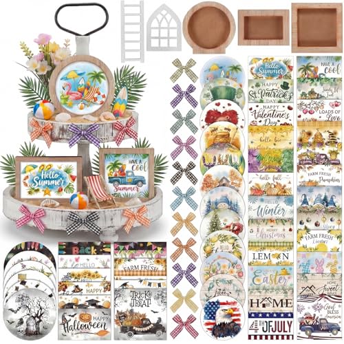 GlikCeil 95 Pcs Interchangeable All Season Tiered Tray Decor Set Summer Hawaii 4th of July Decorations Wooden Frames Ladders with Season Cards Bows for Independence Day Holiday Kitchen Home