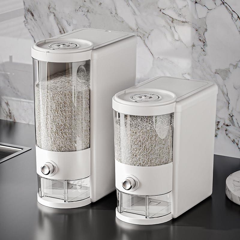 Reisbehälter mit Messbecher, verbesserte integrierte Frischebox, Müsli-Spender, Aufbewahrung mit Deckel, für Zuhause, Küche, Speisekammer, Reis, Sojabohnen, Mais und große Körner, Weiß, 11,3