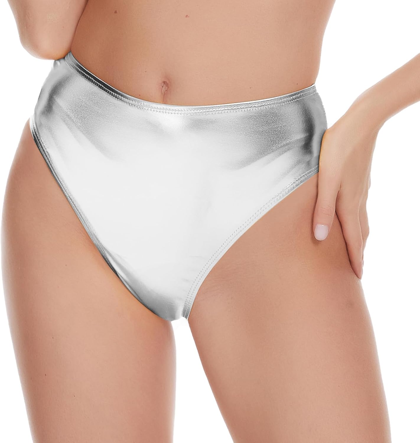 Women's Metallic Thong Rave Bottoms High Waisted Cheeky Festival Shorts for Dancing Small Silver