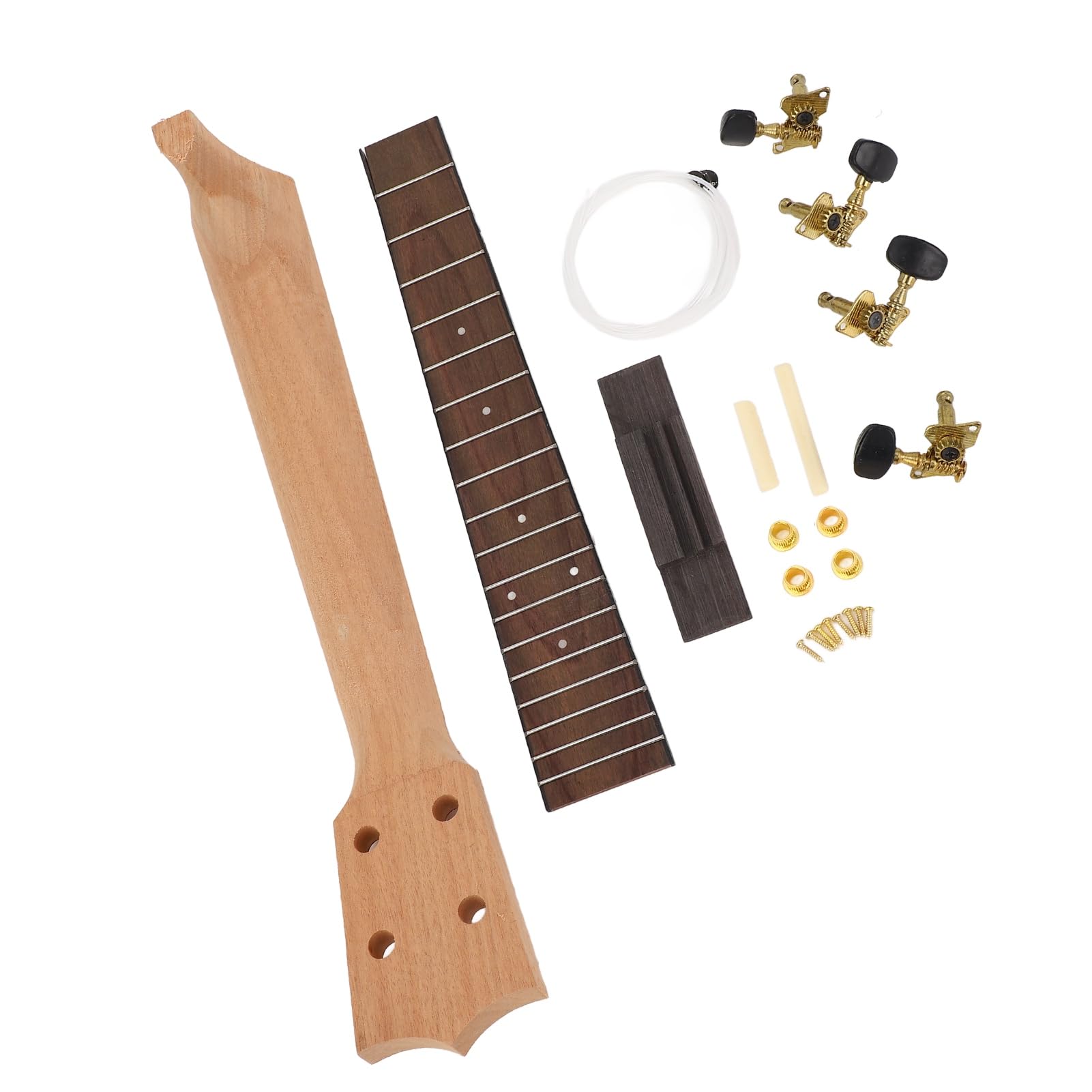 Kit de Manche de ukulélé, Touche en Palissandre, Kit D'assemblage de Manche de ukulélé Artisanal avec Bouton de Corde et Ensemble de Chevalet pour les Amateurs D'instruments de