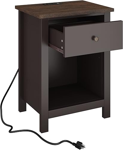 Miniatura 3 de ChooChoo Mesita de noche con estación de carga, mesita de noche de madera con cajón y espacio de almacenamiento para dormitorio, espresso