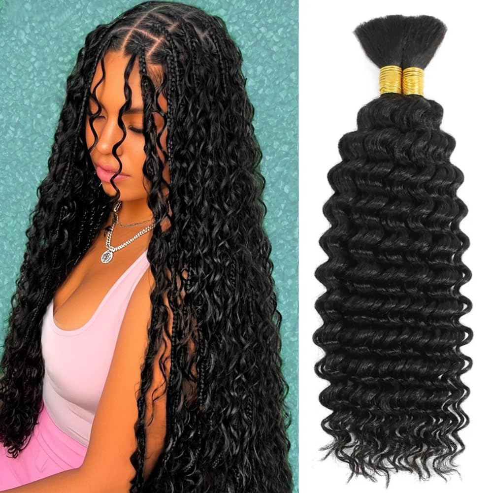 Human Braiding Hair for Boho Braids 22 Inch Curly Deep Wave Bulk Human Hair for Braiding 100% Human Hair for Braiding Hair Wet and Wavy Boho Knotless Braids Hair No Weft 2 Bundles/Pack