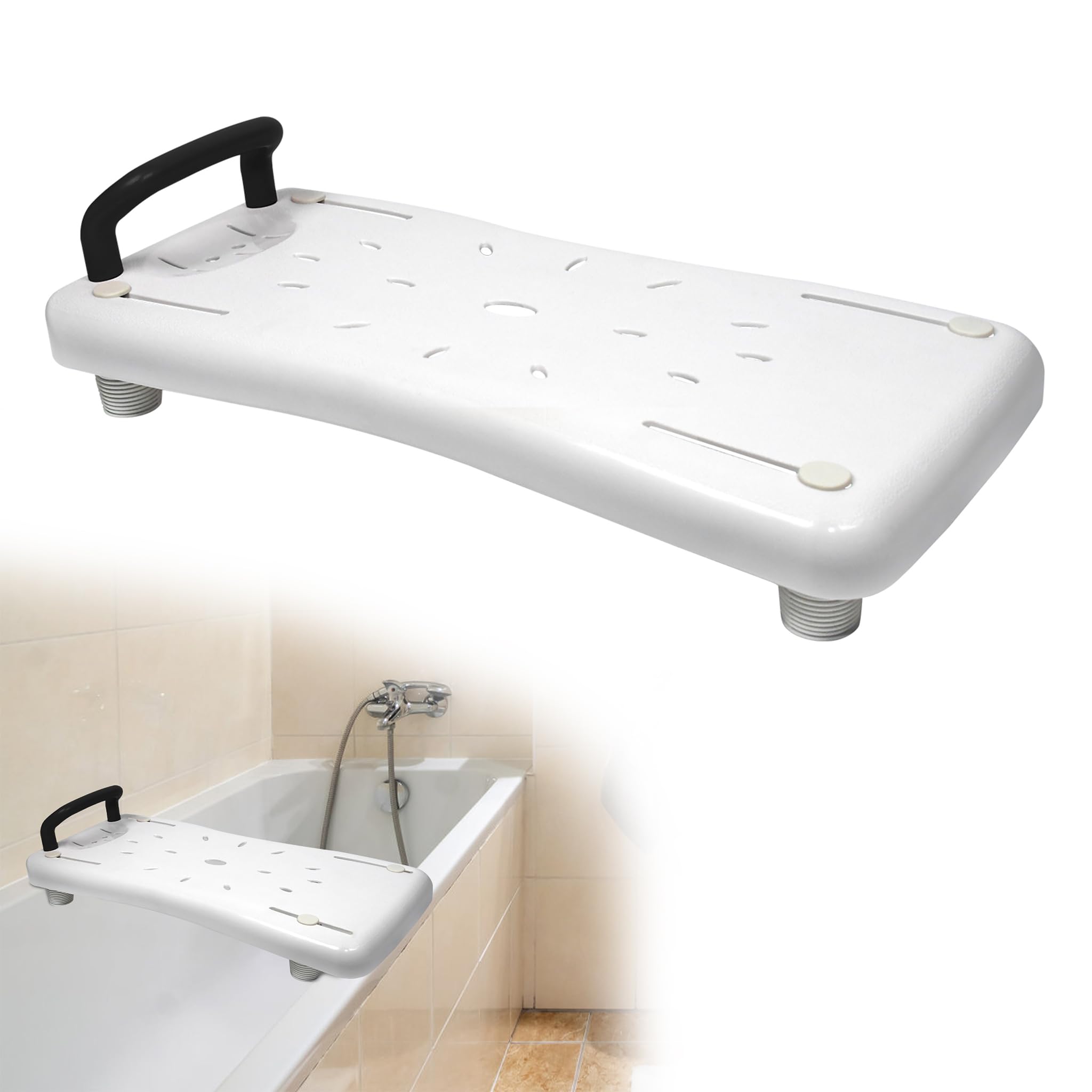 Badewannensitz Senioren 70x31cm Badewannenbrett zum Sitzen Verstellbar 41-63cm Sitzbrett Wannenbrett Badewanne Brett Duschbrett Seifenablage & ergonomischer Griff bis 150KG - Schwarz Griff