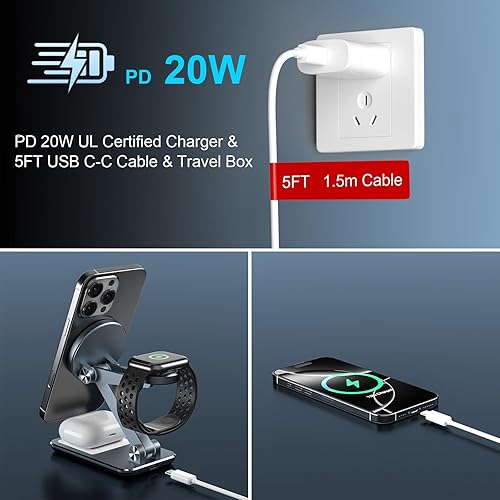 Miniatura 5 de Cargador inalámbrico 3 en 1, estación de carga inalámbrica plegable para cargador Apple MagSafe, soporte de cargador de viaje magnético portátil de