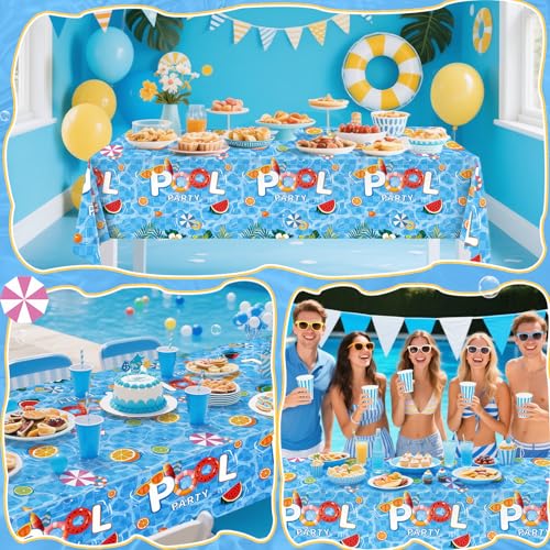Image of Miucat 3pcs Pool Party Table Cloth Disposable, Waterproof Summer Tablecloth for Beach Swimming Pool Summer Birthday Party Dining Table Decor 54 X 108 Inch