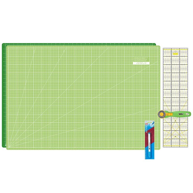 SEMPLIX Zestaw mat do cięcia – podkładka do cięcia 90 x 60 cm (A1), nóż rolkowy maxi, linijka patchworkowa + marker wodny (jasnozielony/zielony)