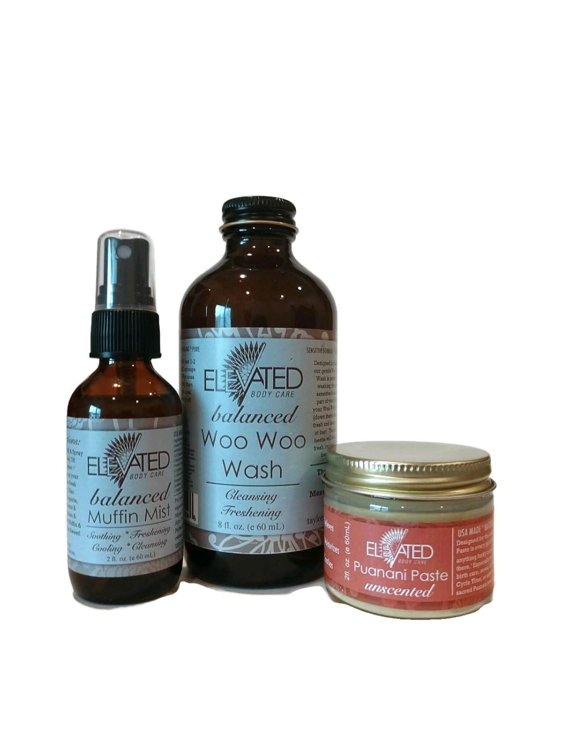 Taylors Elevated Ladies Bestie Kit | Woo Woo Wash, Muffin Mist, Puanani Paste | Natural Feminine Care - Stay Fresh, Moisturized & Balanced | Glass| (Balanced Woo Woo & Mist, Unscented Puanani)