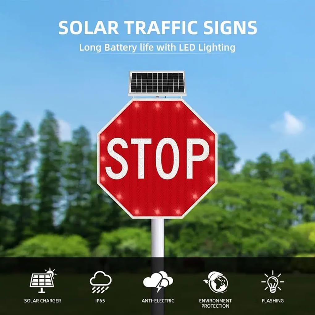 Znak ostrzegawczy LED „Stop” zasilany energią słoneczną odblaskowy odporny na warunki atmosferyczne, przeznaczony do podjazdu, trwały podświetlany o zwiększonej widoczności.