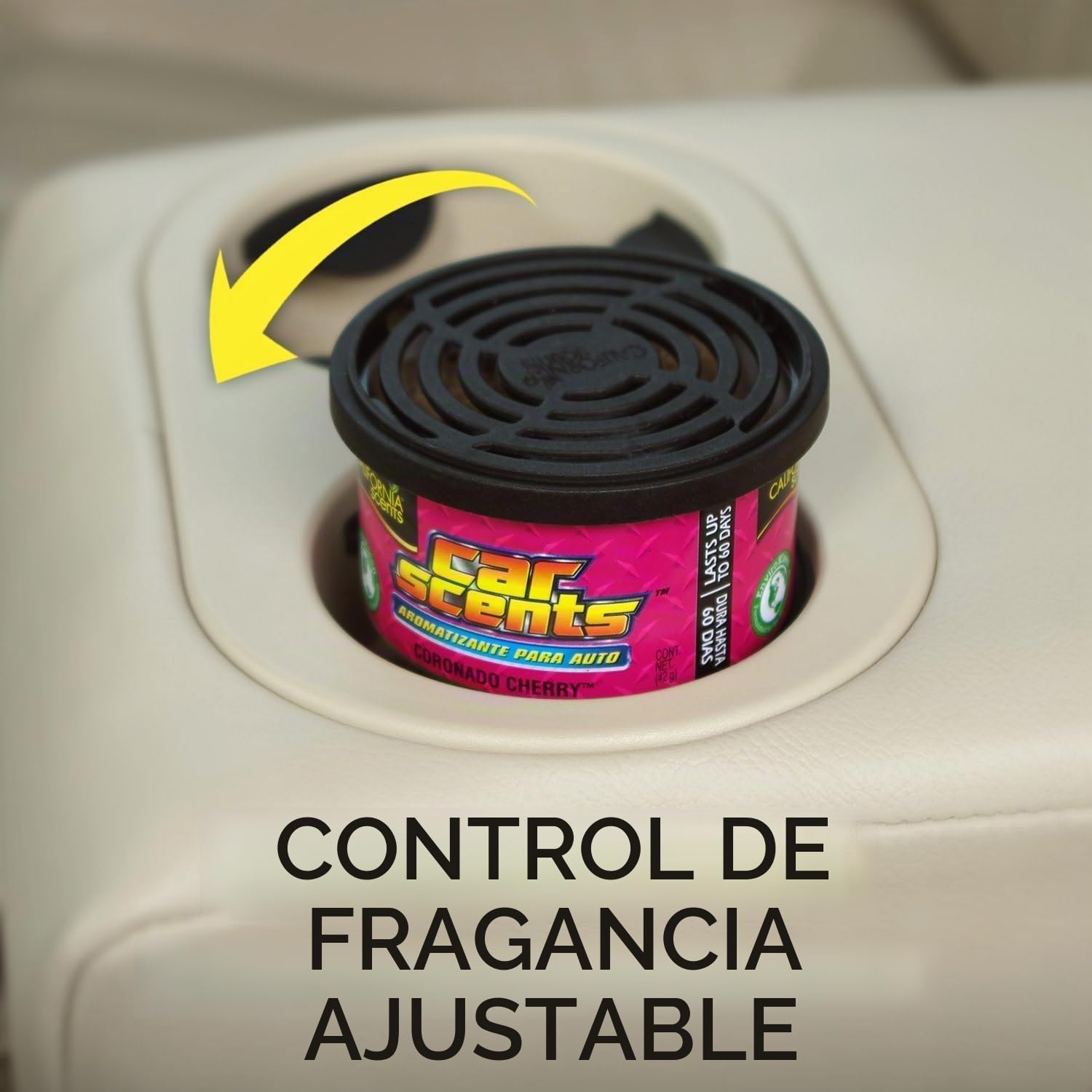 California Scents Ambientador de coche en Lata - Fragancia Duradera de Cereza (Hasta 30 Días) - Control de Intensidad de Olor para un Ambiente Fresco y Personalizado en tu Coche, 42g
