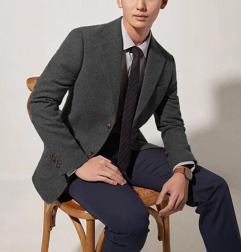 Mens Blazer Vintage Herringbone Tweed Jackets Two Button Sport Coat with Pocket Square with Elbow Patches - Image 7