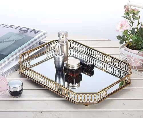 Miniatura 7 de Bandeja de perfume dorada, bandeja de espejo, bandeja de tocador, bandeja de vidrio, bandeja decorativa de metal rectangular, bandeja organizadora