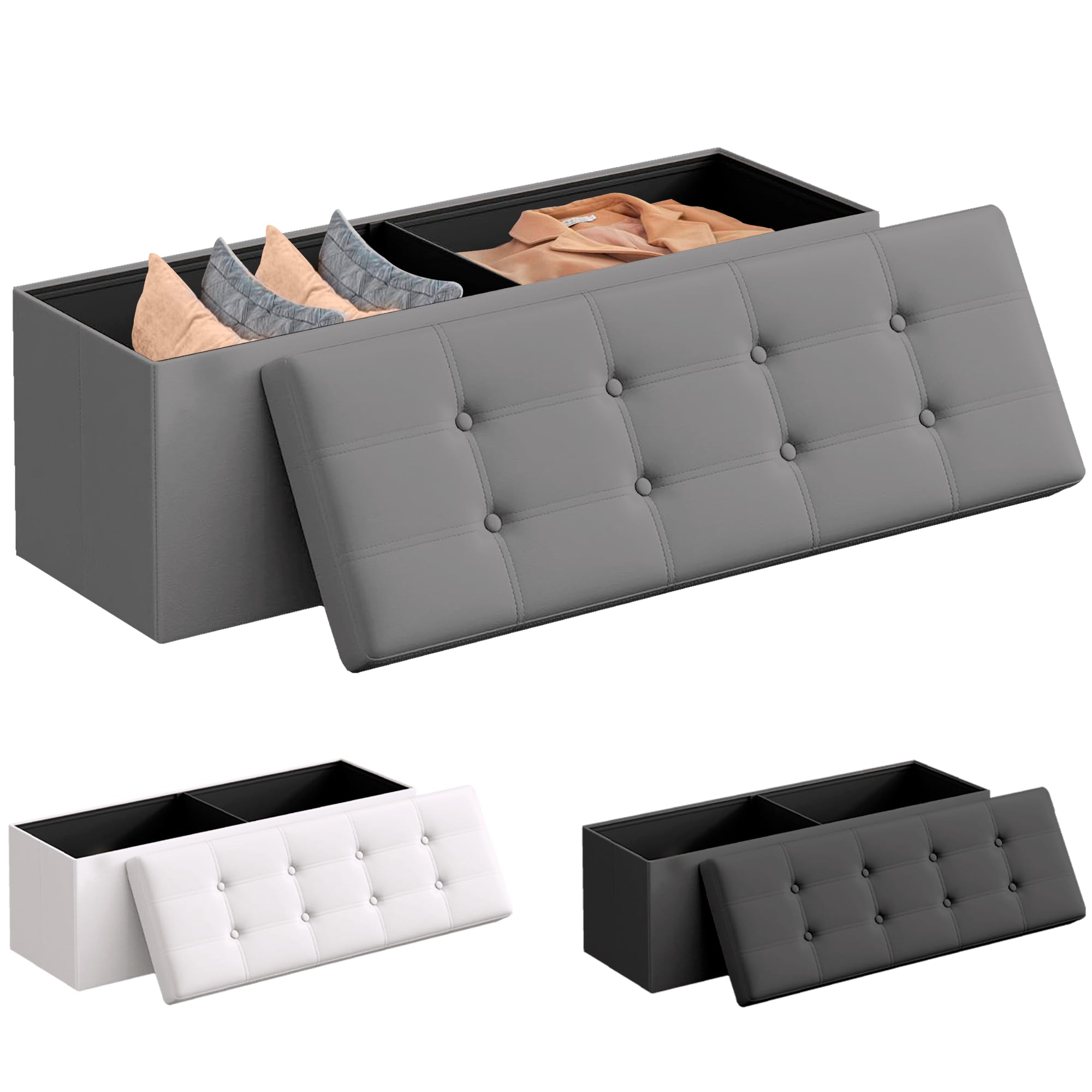 JUPPLIES Puff Almancenaje Acolchado de 110L - Baul Almacenaje Dormitorio - Banco de Almacenaje con Capacidad de Carga 300 kg - Tapizado PVC - Mueble Almacenaje Juguetes Infantil (Gris, 110x38x38cm)