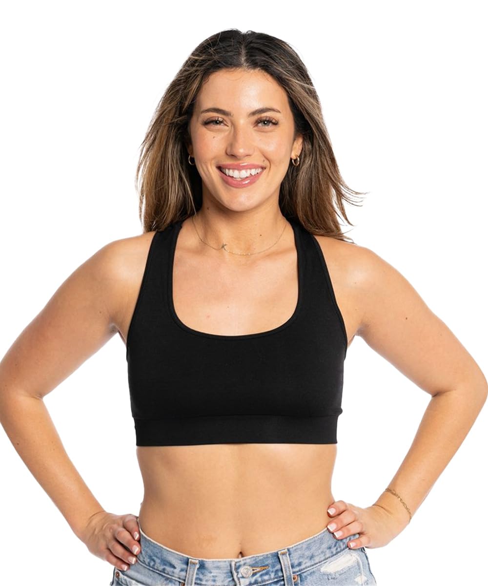 Malibu Sugar Racerback Black Sports Bra for Teens & Women - Padded Seamless Support Bras Yoga Gym Workout Dance One Size Fits XS-MD