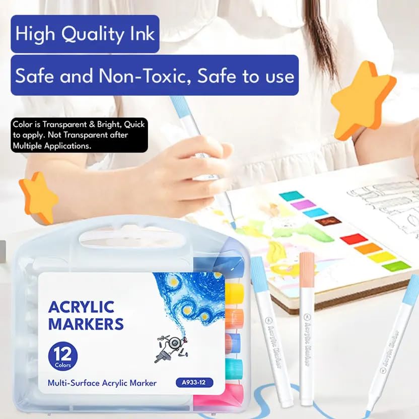 Image of INOG Acrylic Paint Marker Pens Water-Based Medium Point Permanent for Rocks Painting, Ceramic, Glass, Wood, Fabric, Canvas, Mugs, DIY Craft Making Supplies - Set of 12 Colours, Multicolor