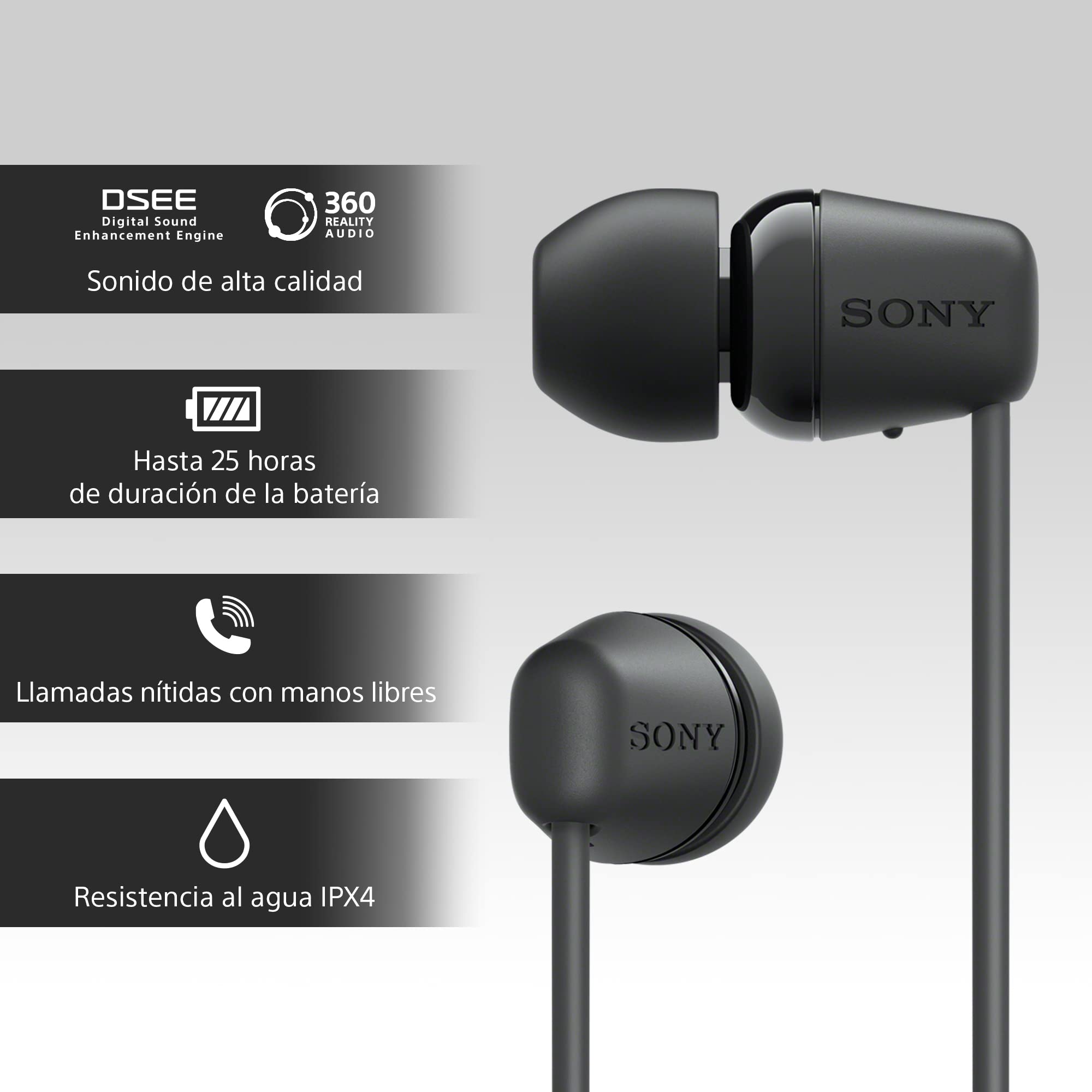 Sony WI-C100 Auriculares Inalámbricos - Hasta 25 Horas de Duración de la Batería, Micrófono Incorporado para Llamadas, Compatible con Asistentes de Voz, Conectividad Bluetooth Fiable, Negro