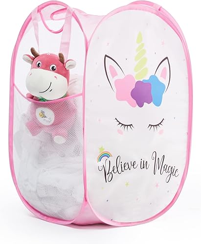 TECHMILLY Cesta de Ropa Sucia de Malla Emergente Plegable con Asas Resistentes y Bolsillo Lateral - Cestas de Ropa Plegables Portátiles para