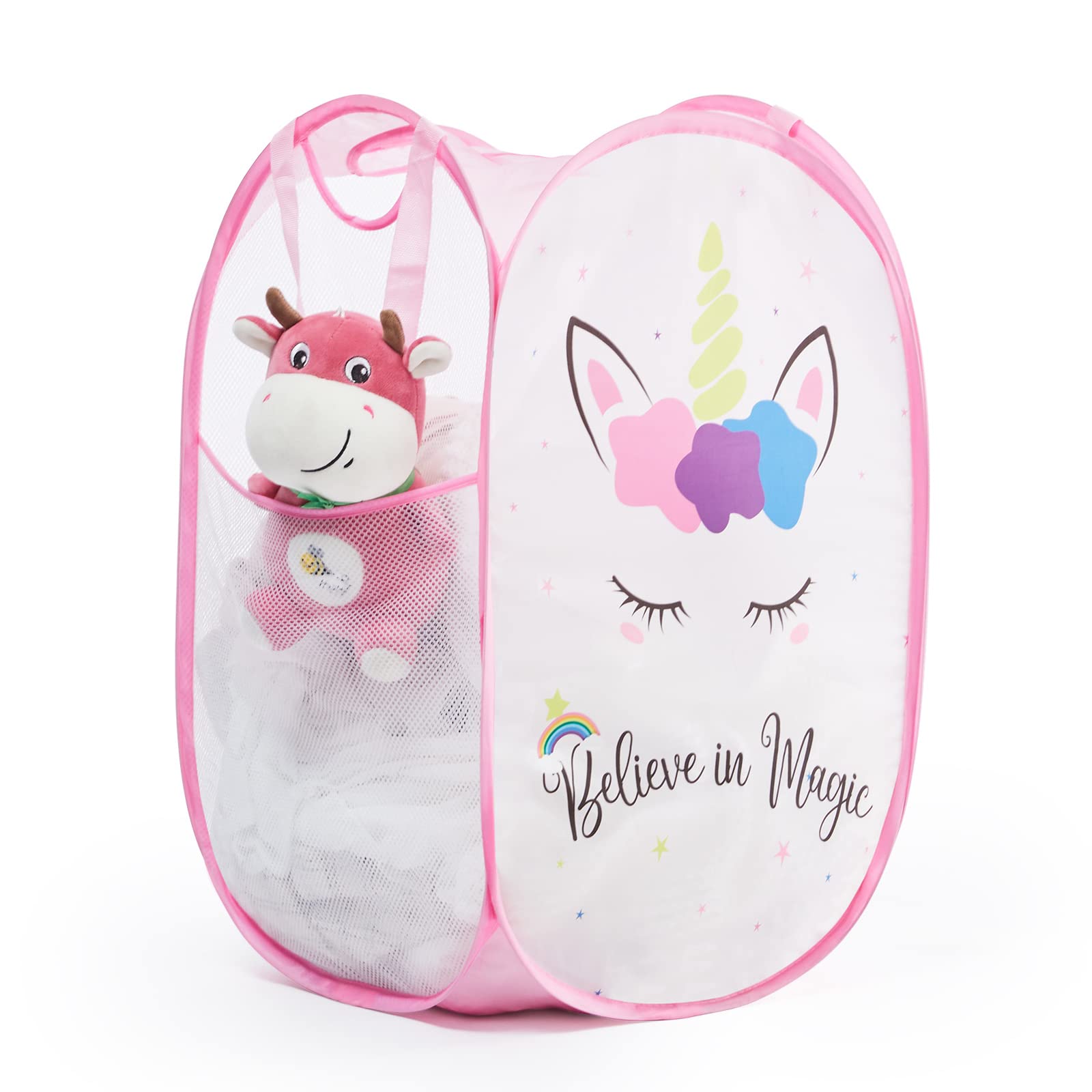 TECHMILLY Collapsible Mesh Pop Up Laundry Hamper with Sturdy Handles and Side Pocket - Portable Foldable Clothes Baskets for Dorm, Bathroom & Travel Storage (Unicorn)