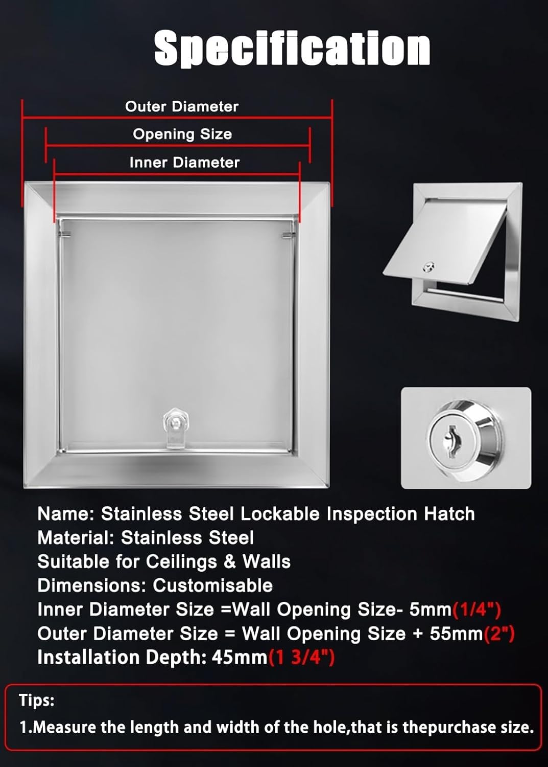 Pannello di accesso in acciaio inox con serratura, 45,7 x 45,7 cm, porta di accesso HVAC per cartongesso, soffitto, pavimento, portello e impianto idraulico, piccola porta di accesso per una facile