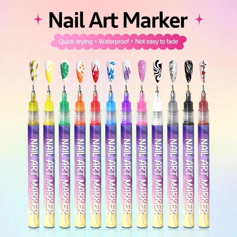 12 Colors Nail Art Marker, Quick Dry Nail Polish Pens, Waterproof Nail Art Pens, Gel Marker Pen Set with 0.5 MM Fine Tips, Nails Design Kit, Acrylic Painting Liner Pen for Nail Art, Manicure Tools - Image 8