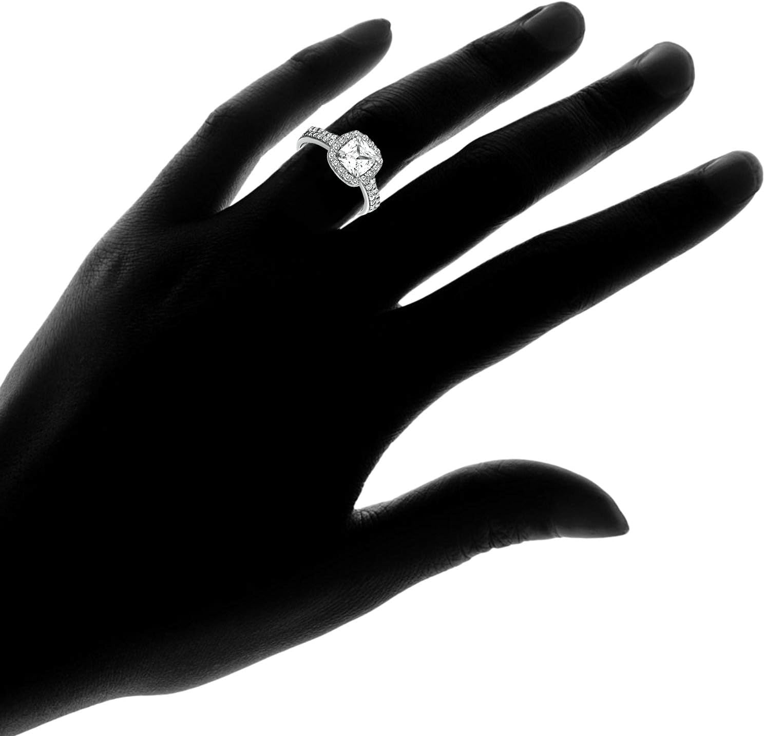 SEA OF ICE 925 Sterling Silver 6x6mm Cushion-Cut CZ Cubic Zirconia Halo Anniversary Wedding Band Engagement Ring Bridal Set, Sizes 5 to 10