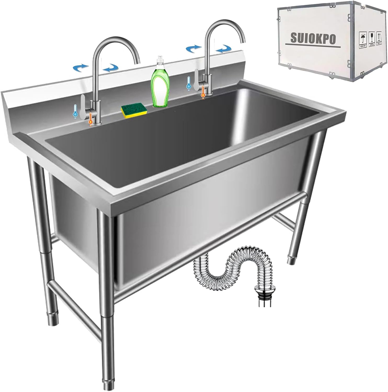 47" 1-Compartment Stainless Steel Single Bowl Freestanding Commercial Utility Laundry Sink for Garage, Restaurant, Kitchen, Laundry Room, Outdoor (Large Single Sink)