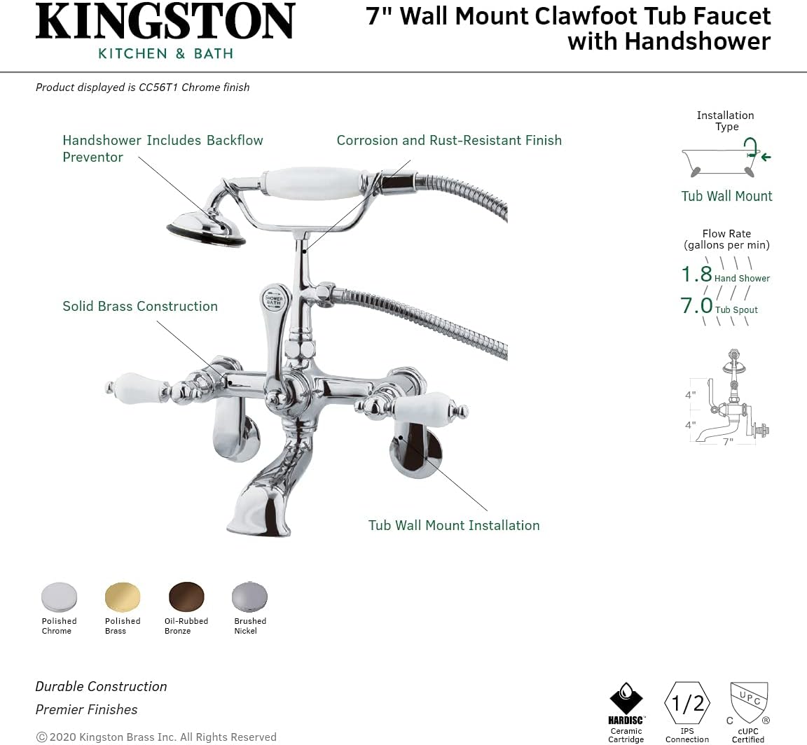 Elements of Design Wall Mount Tub Filler Faucet with H, Shower, porcelain lever handle, Chrome