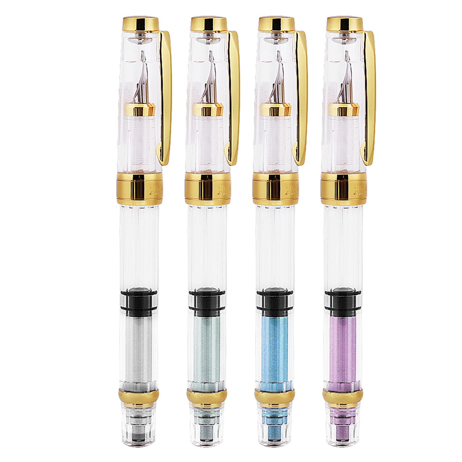 Walfront Piston Fill Fountain Pen Set - 4 Transparent Color Pens With Gold Fine Nibs