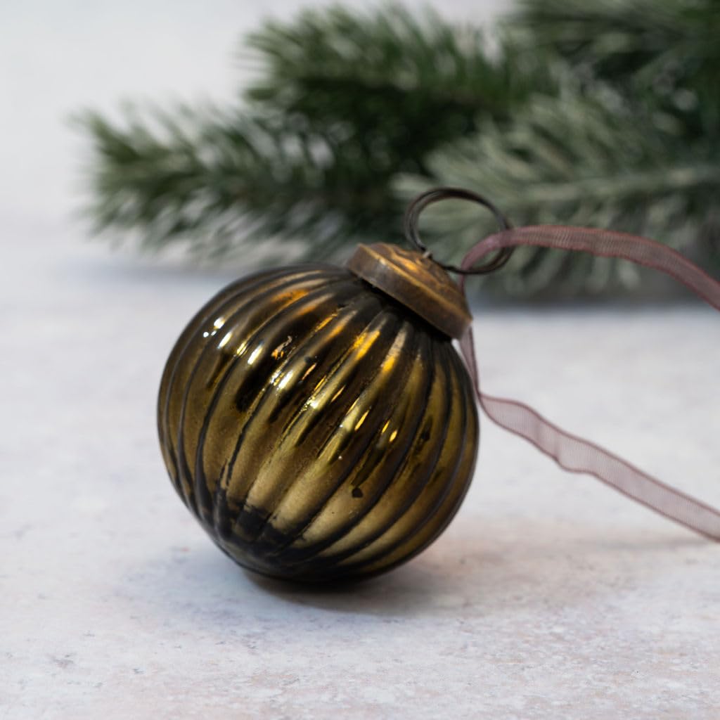 Arthur Cameron – Small Ribbed Glass Bauble – 5cm Hand-Blown Mini Christmas Tree Decoration – Elegant Xmas Baubles & Small Christmas Baubles with Bronze Cap & Organza Ribbon (Olive)
