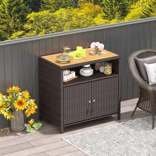 Image of Tangkula Rattan Outdoor Storage Cabinet, Patiojoy Outdoor Cabinet with Acacia Wood Countertop, Open Compartment, 2-Door Wicker Sideboard, Outdoor Bar for Patio Garden Backyard Poolside (Mix Brown)