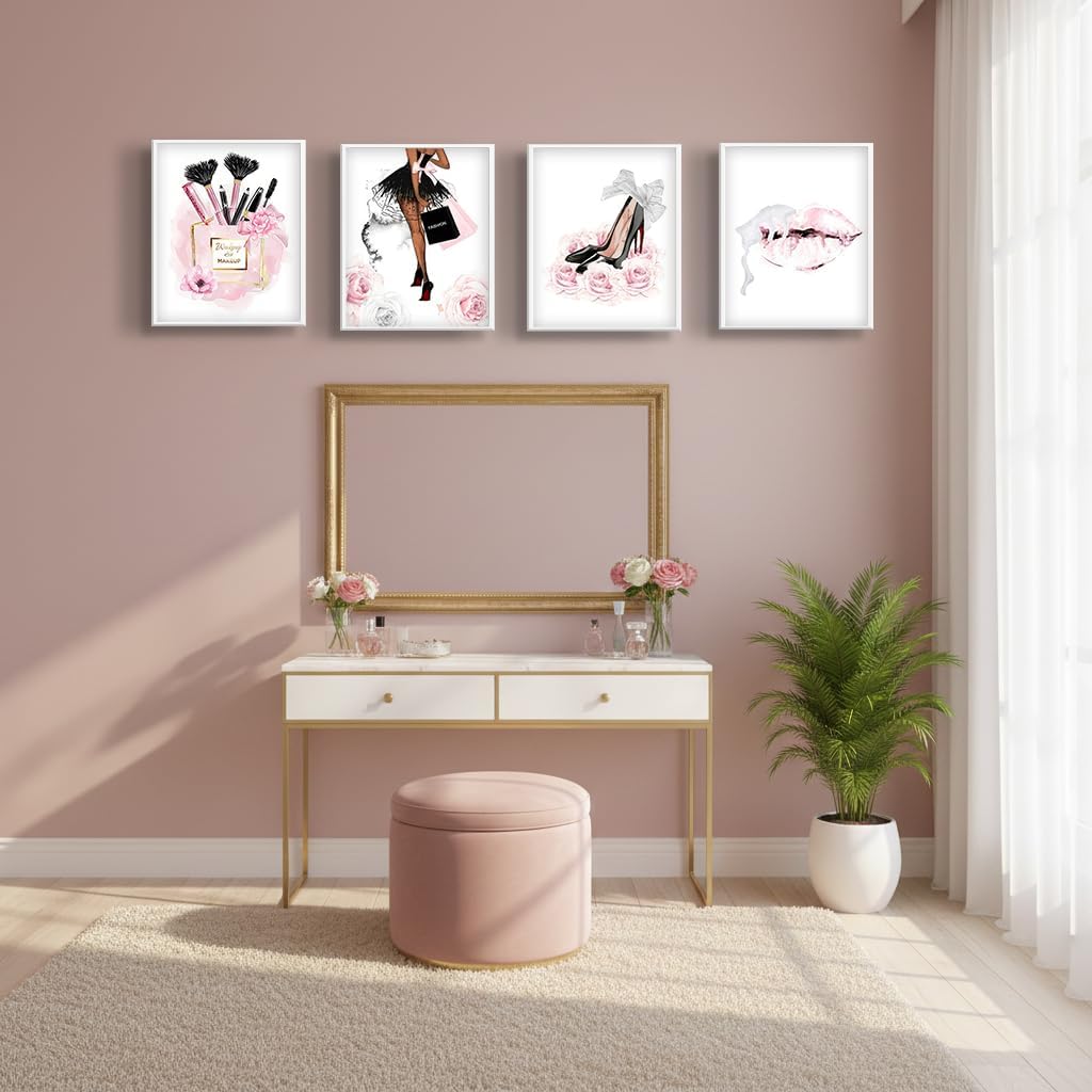 WNRTEKNK 4Pcs Fashion Women Wall Art High Heel Lips Handbag Wall Decor Glam Makeup Prints Makeup Perfume Pictures Painting For Girls Bedroom Living Room Office Bathroom 8x10 Unframed Posters - Image 8